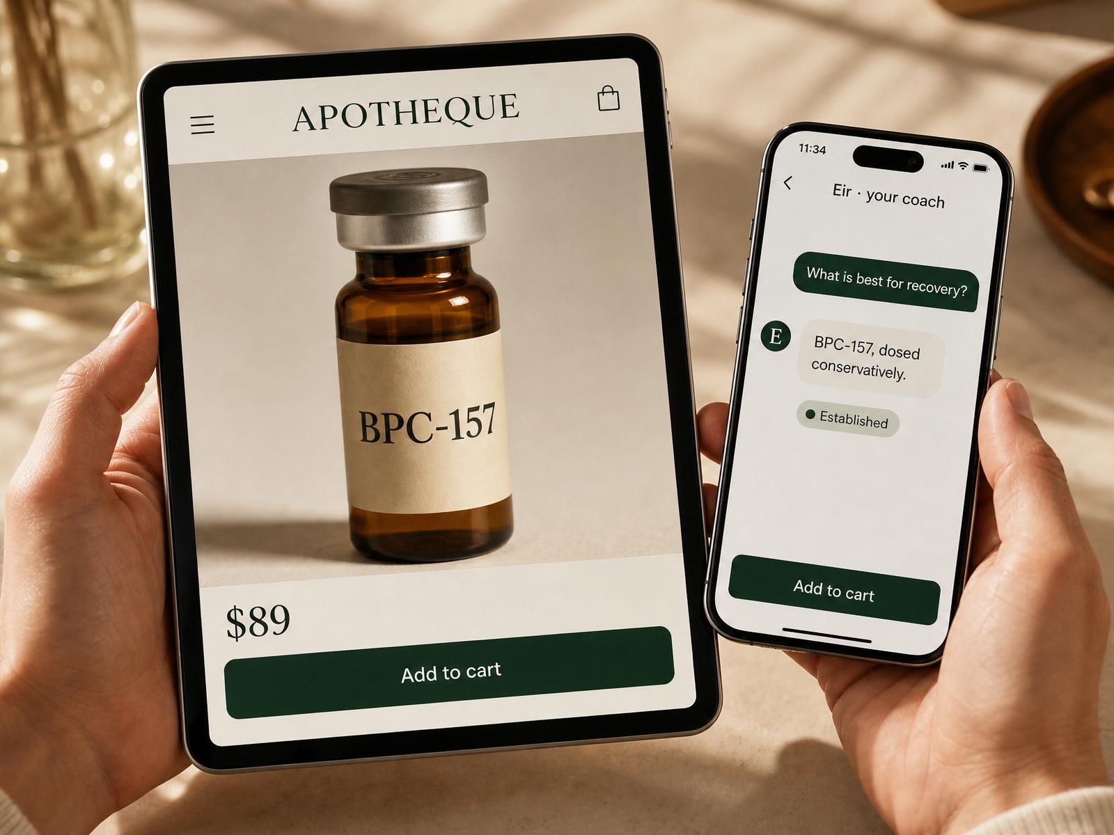 Product page with Eir recommending a peptide vial and an add-to-cart action