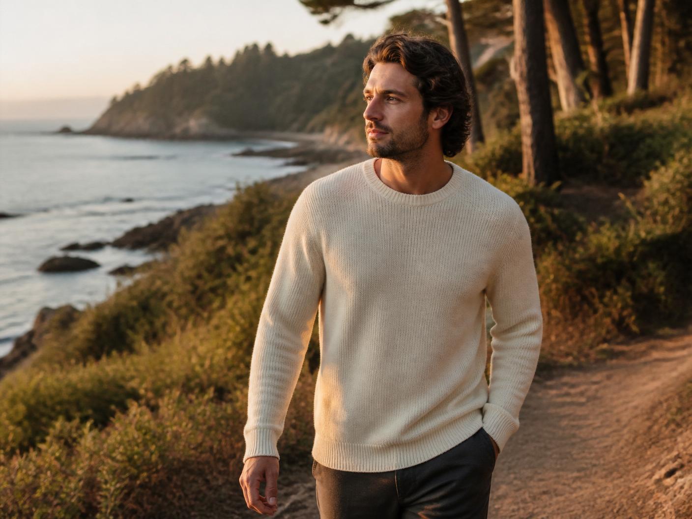A man walking calmly on a coastal path at golden hour